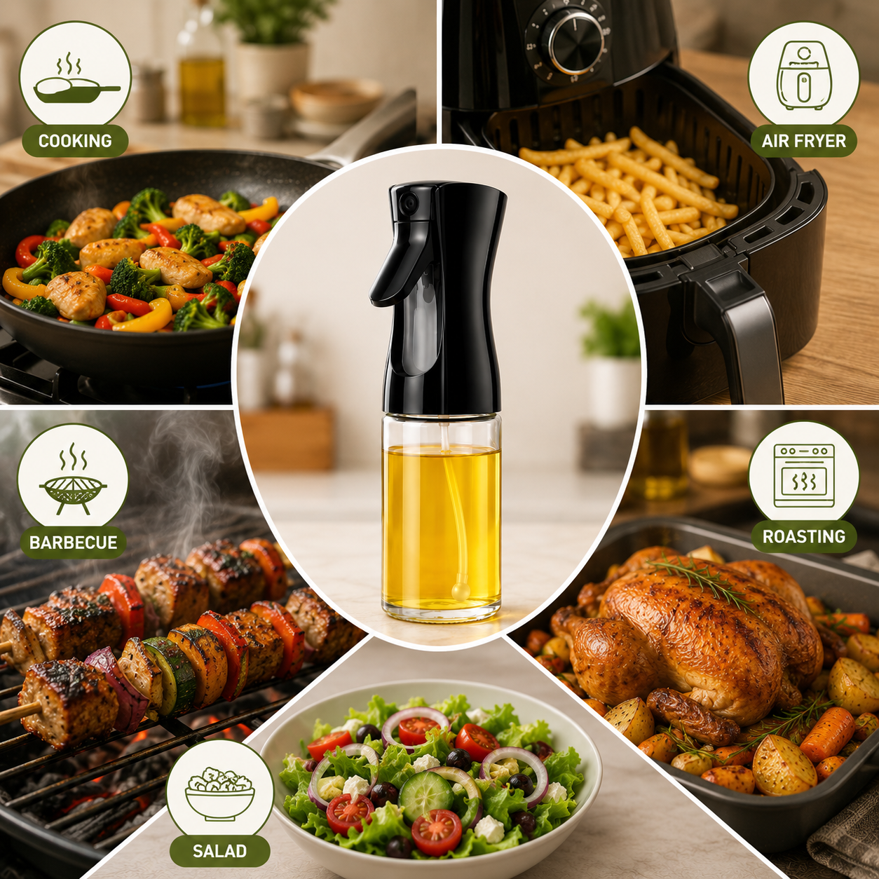 Premium Glass Oil Spray & Dispenser Bottle – Fine Mist Sprayer for Cooking Oil, Vinegar & Water, Refillable 300ml (1 Pc)