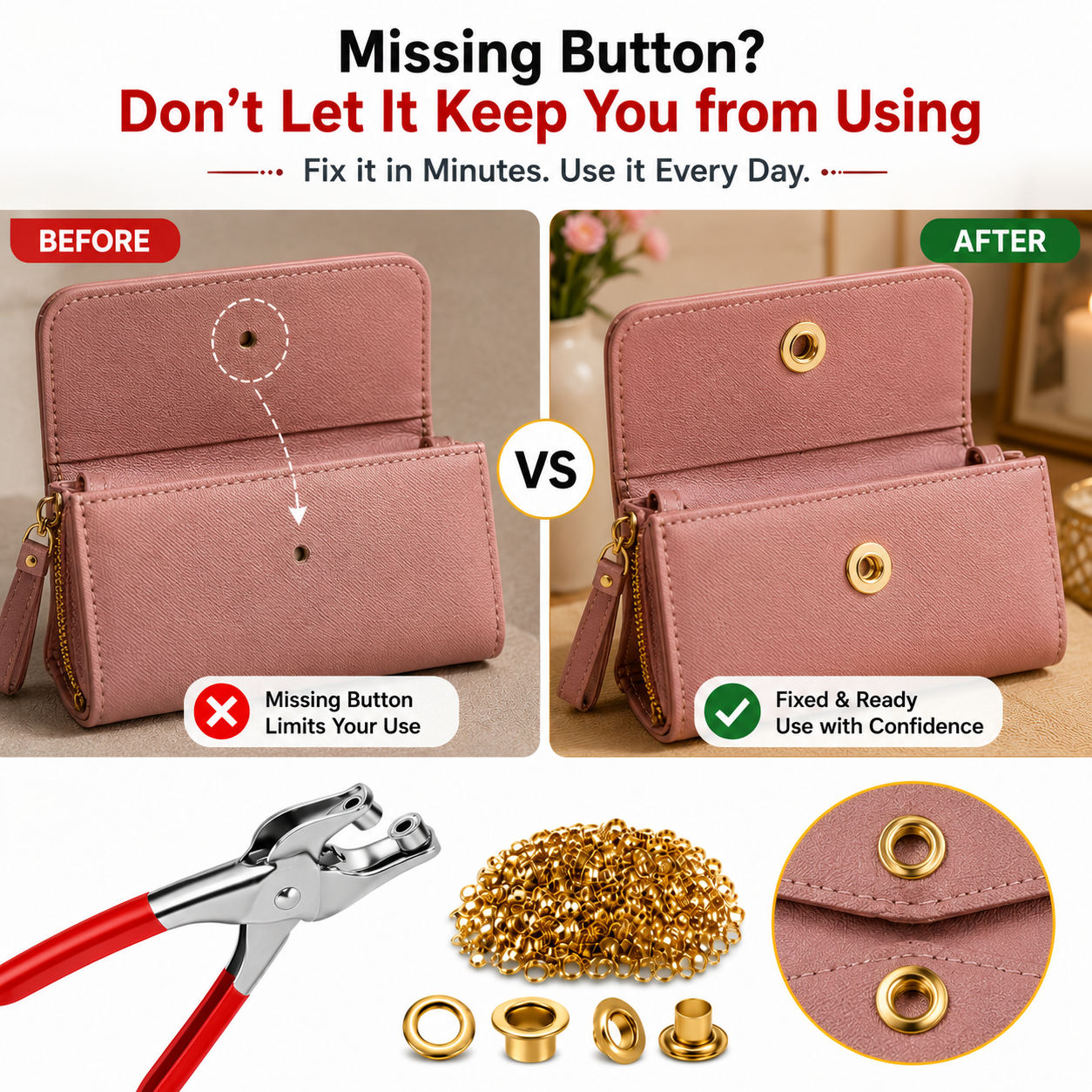 Grommet Setting Tool Kit with 25 Gold Eyelets – Steel Hole Punch Setter for Bags, Shoes, Leather, Canvas & Fabric Crafts