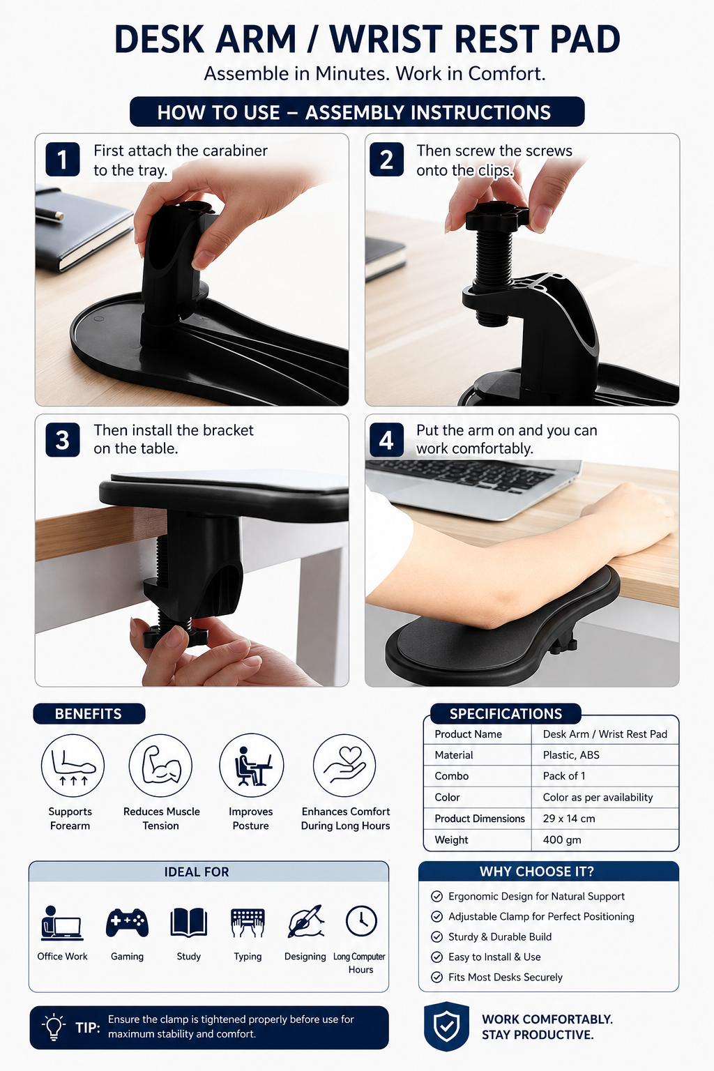 Desk Arm Support + Wrist Rest Combo for Office & Computer Work