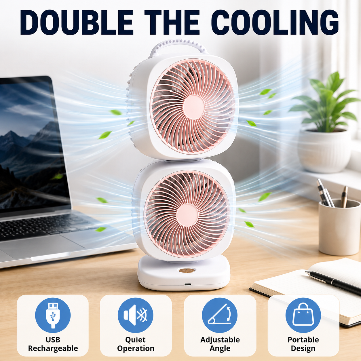 Portable Dual Head Usb Rechargeable Table Fan (1 Pc)