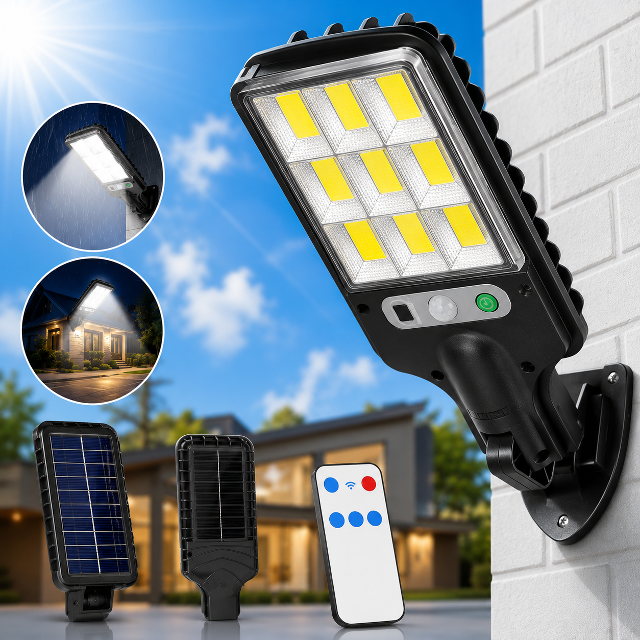 High-Power Solar LED Street Light with Motion Sensor & Remote Control – Waterproof Outdoor Security Wall Light (1 Set)