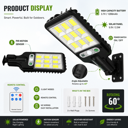 High-Power Solar LED Street Light with Motion Sensor & Remote Control – Waterproof Outdoor Security Wall Light (1 Set)