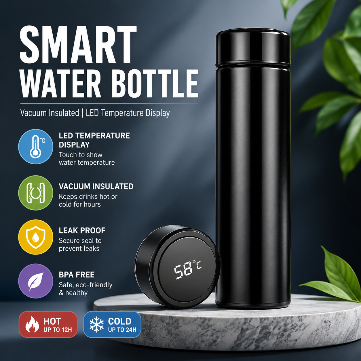 Smart Vacuum Insulated Water Bottle with LED Temperature Display – Stainless Steel Hot & Cold Flask for Travel, Office, Gym & Outdoor Use