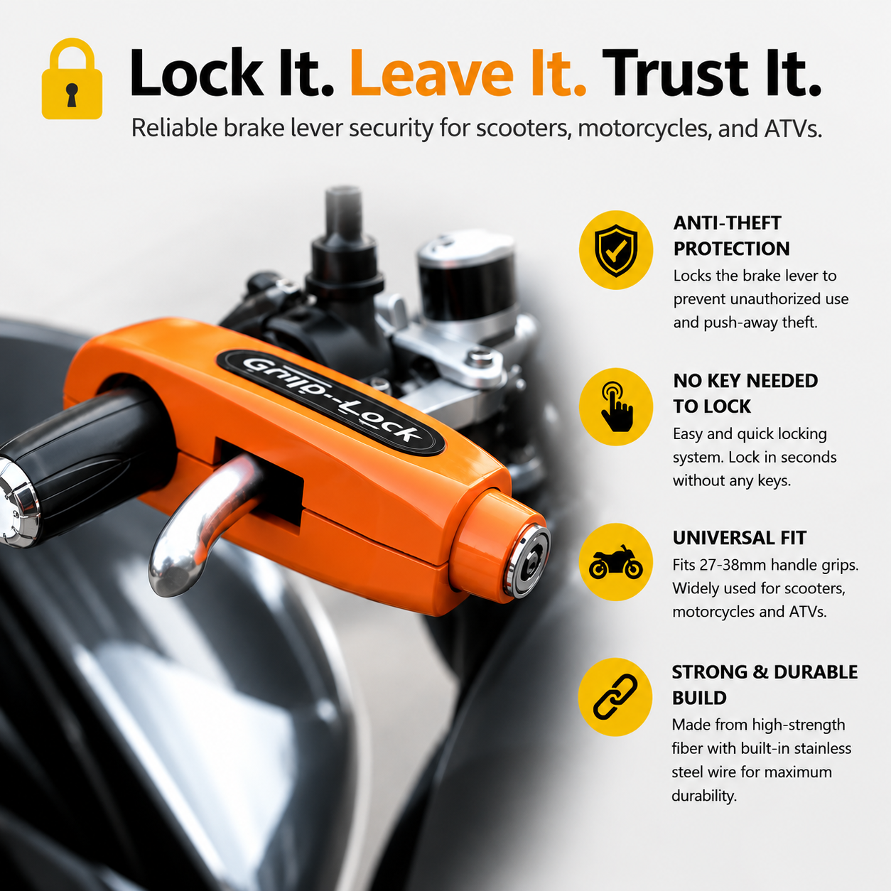 Heavy Duty Motorcycle Brake Lever Lock – Anti-Theft Handlebar Security Lock for Scooters, Motorcycles & ATVs