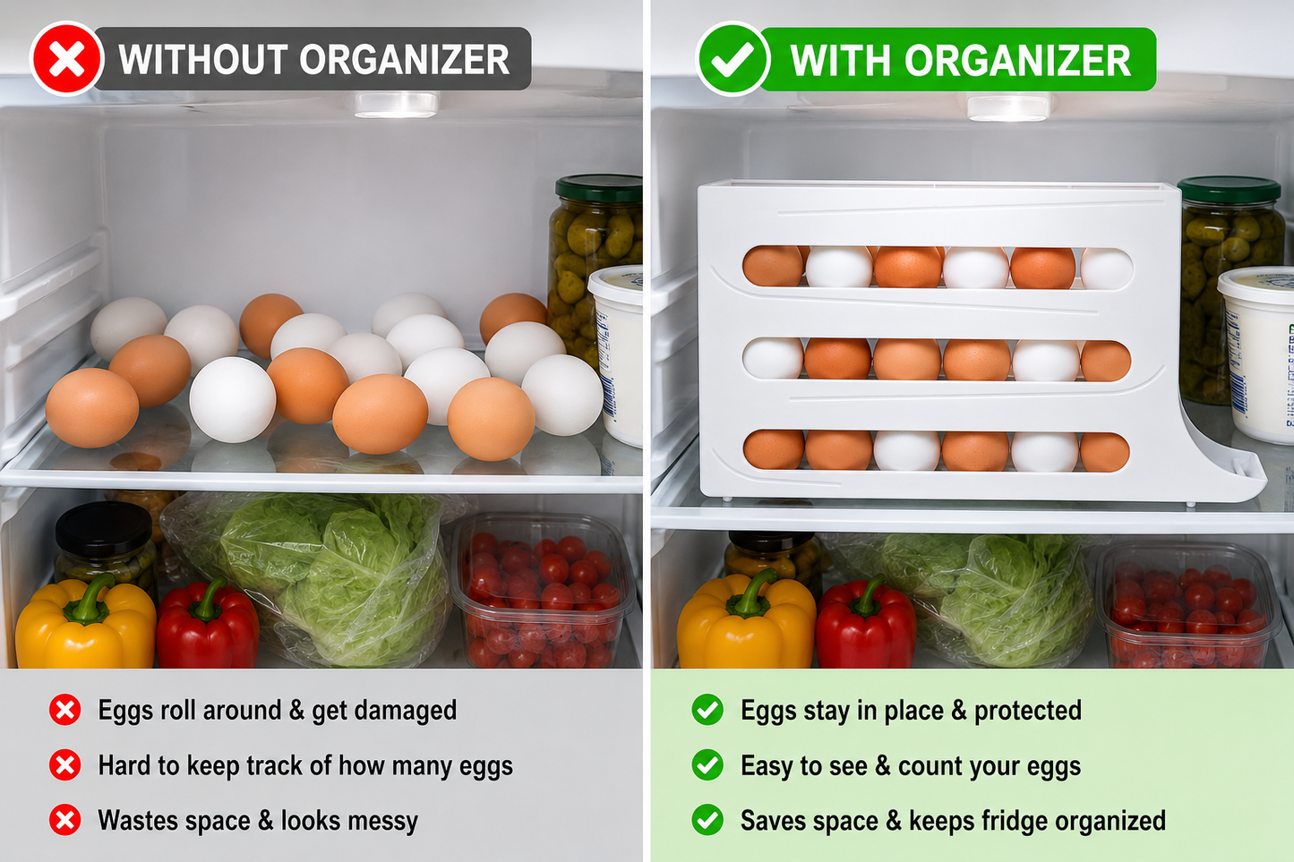 Space Saving Egg Storage Organizer Tray for Refrigerator – Large Capacity Rolling Egg Holder, Easy Access Fridge Egg Rack (1 Pc)