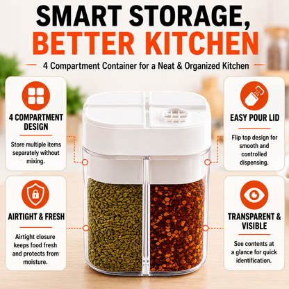 4 Compartment Kitchen Storage Container with Airtight Lid – Multi Section Spice, Dry Fruit & Snack Organizer