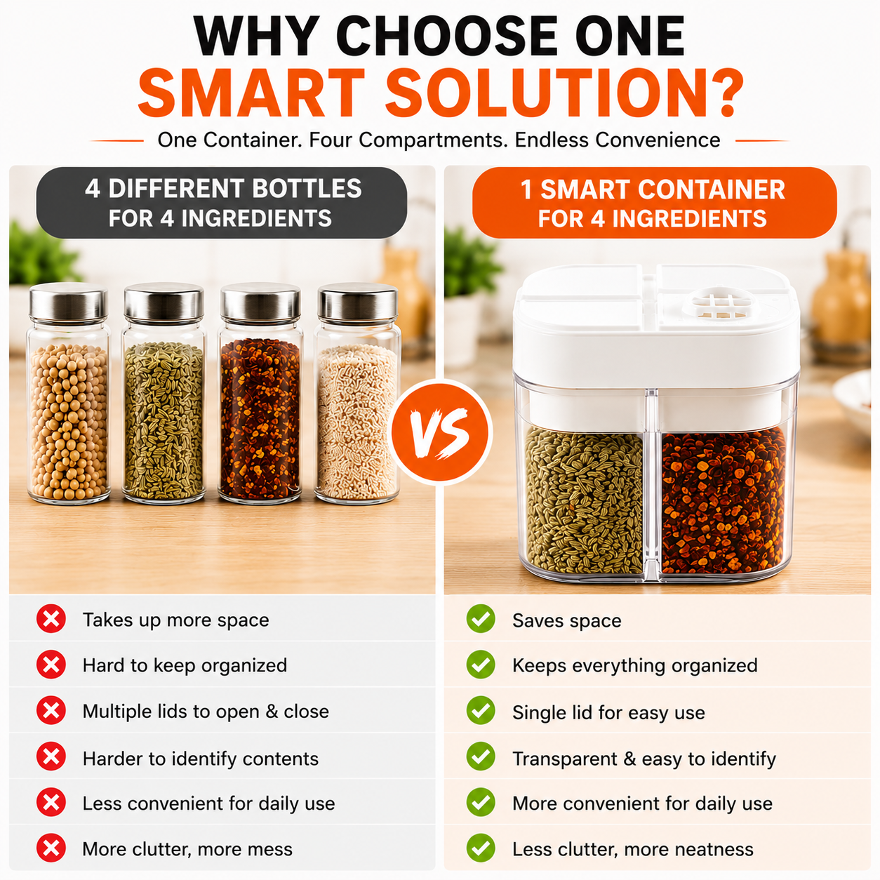 4 Compartment Kitchen Storage Container with Airtight Lid – Multi Section Spice, Dry Fruit & Snack Organizer
