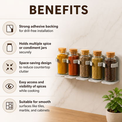 Drill-Free Wall Mounted Adjustable Spice Rack Organizer with Strong Adhesive Holder – Space Saving Kitchen Storage (1 Pc)