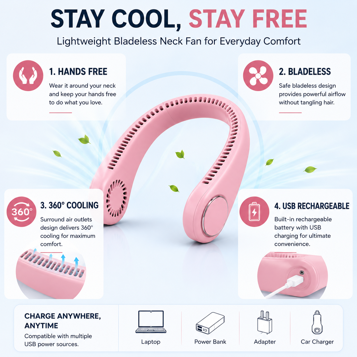 Portable Bladeless Neck Fan – Hands-Free USB Rechargeable 360° Cooling Wearable Fan for Travel, Office, Kitchen & Outdoor Use