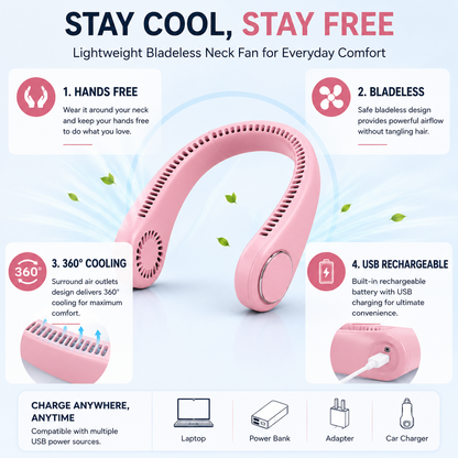 Portable Bladeless Neck Fan – Hands-Free USB Rechargeable 360° Cooling Wearable Fan for Travel, Office, Kitchen & Outdoor Use