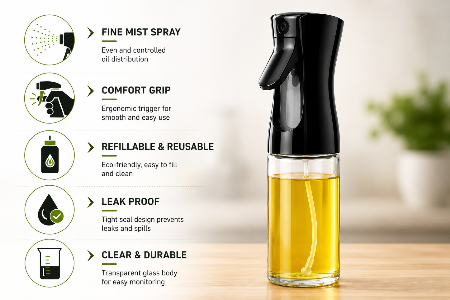Premium Glass Oil Spray & Dispenser Bottle – Fine Mist Sprayer for Cooking Oil, Vinegar & Water, Refillable 300ml (1 Pc)