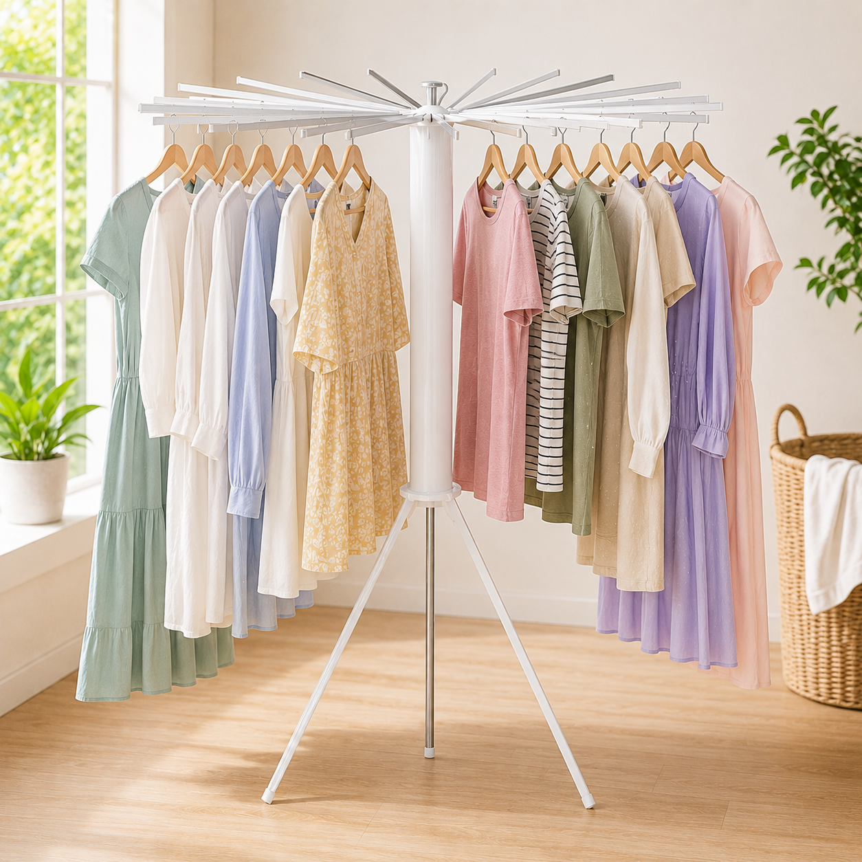 16 Arms Foldable & Rotatable Clothes Drying Rack – Space Saving Multi-Layer Laundry Stand with 3 Legs(1 Pc)