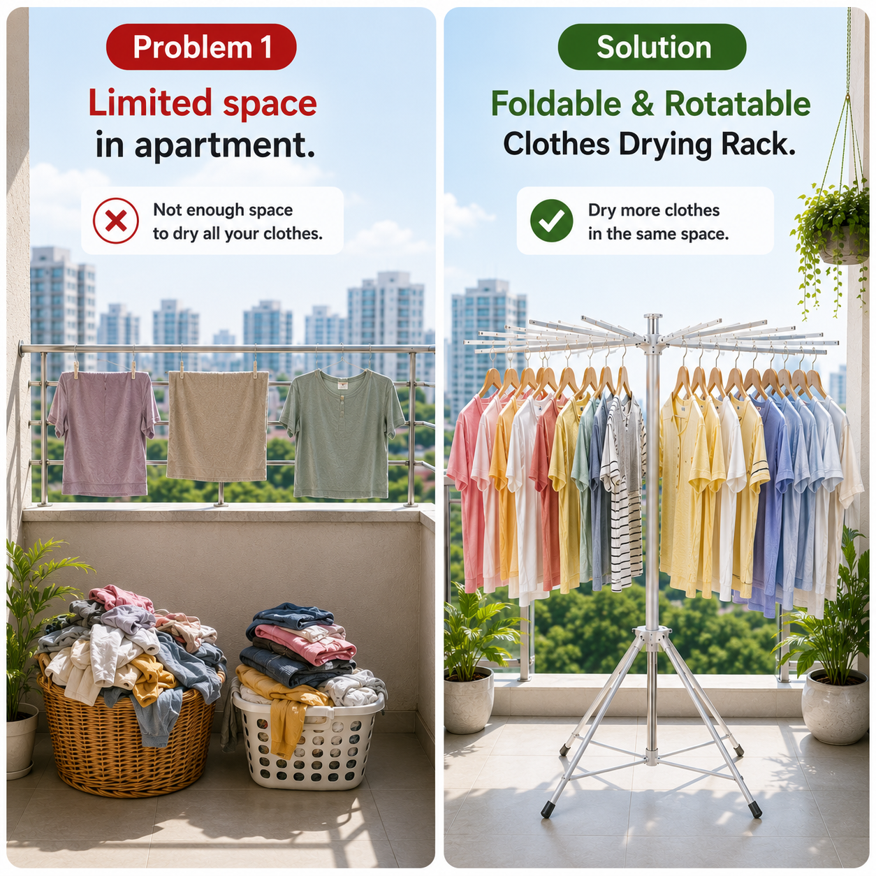16 Arms Foldable & Rotatable Clothes Drying Rack – Space Saving Multi-Layer Laundry Stand with 3 Legs(1 Pc)