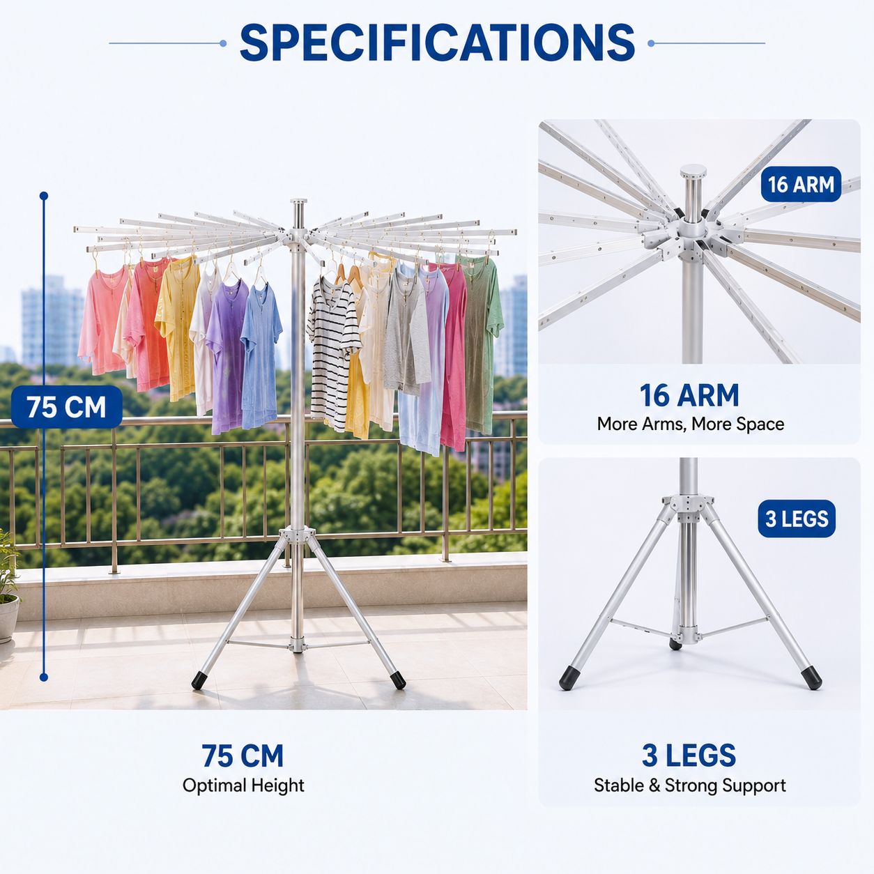 16 Arms Foldable & Rotatable Clothes Drying Rack – Space Saving Multi-Layer Laundry Stand with 3 Legs(1 Pc)