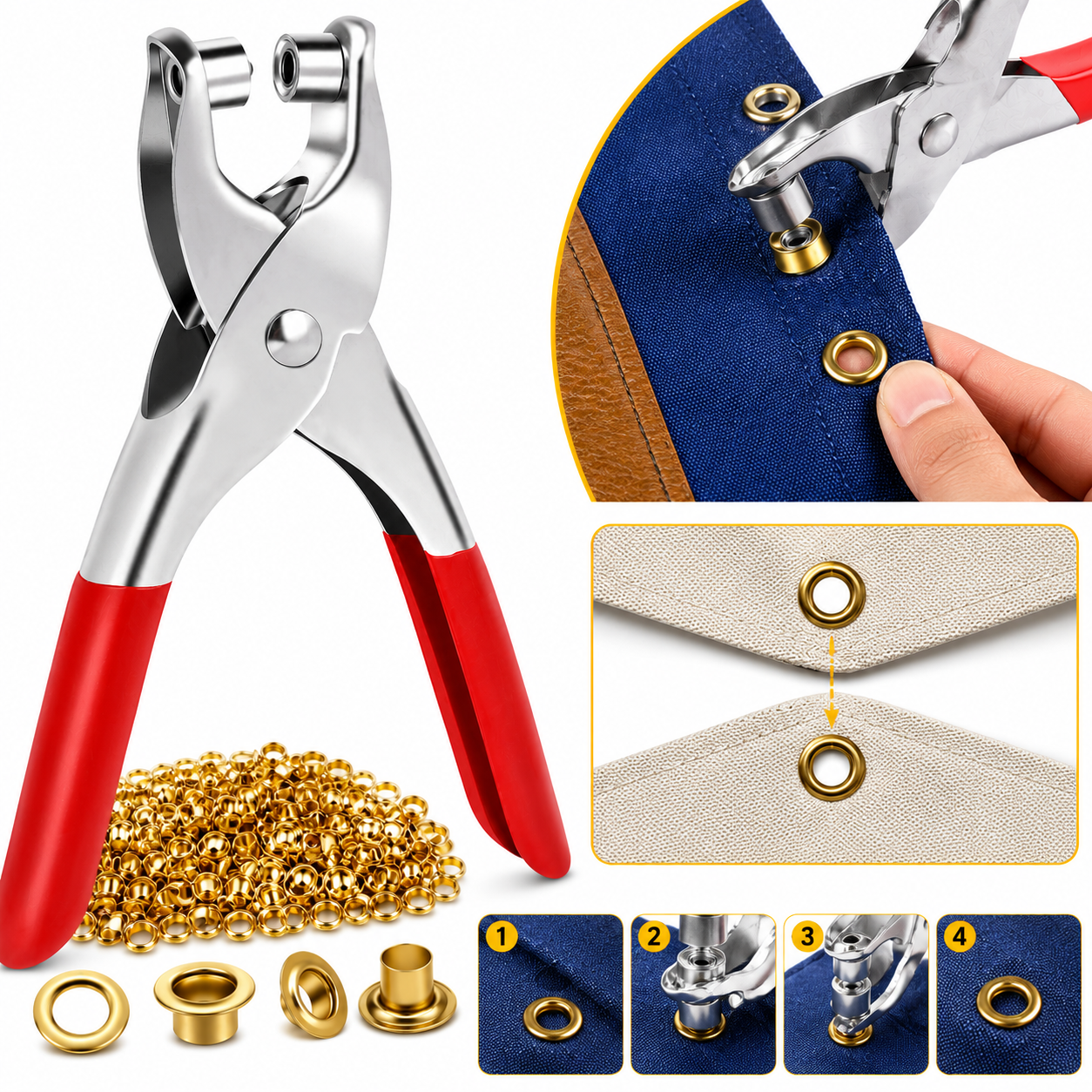 Grommet Setting Tool Kit with 25 Gold Eyelets – Steel Hole Punch Setter for Bags, Shoes, Leather, Canvas & Fabric Crafts