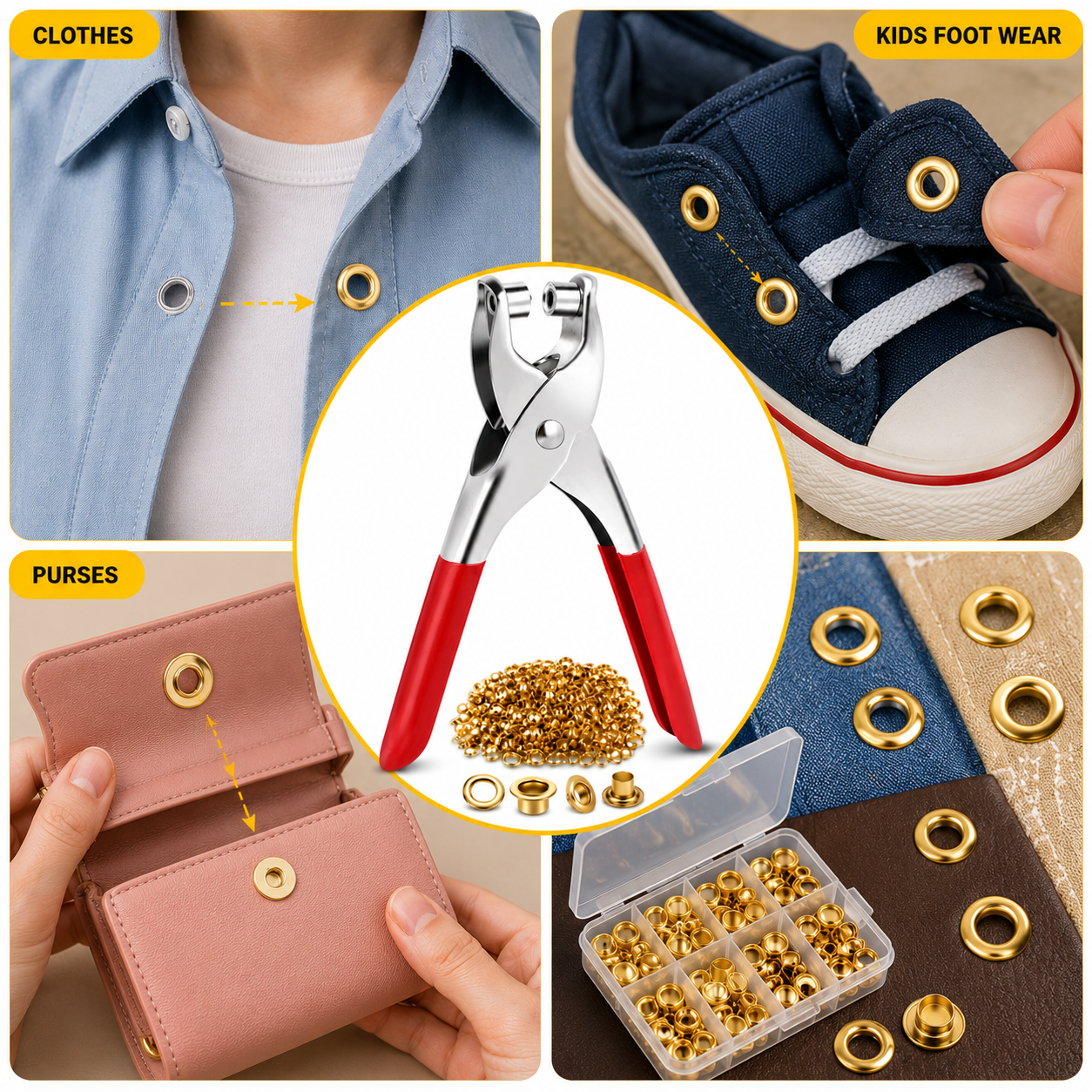 Grommet Setting Tool Kit with 25 Gold Eyelets – Steel Hole Punch Setter for Bags, Shoes, Leather, Canvas & Fabric Crafts
