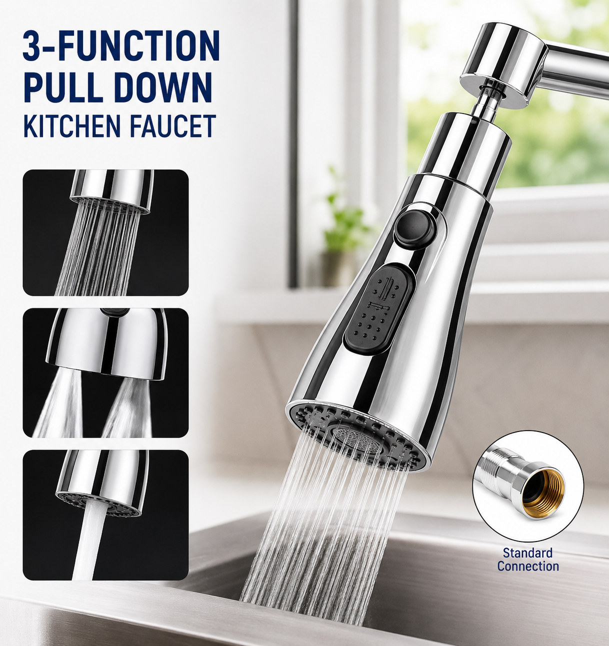 Kitchen Faucet 3-Function Pull Down Sink Sprayer – 360° Rotating Water Saving Faucet Head for Dish, Sink & Fruit Cleaning (1 Pc)