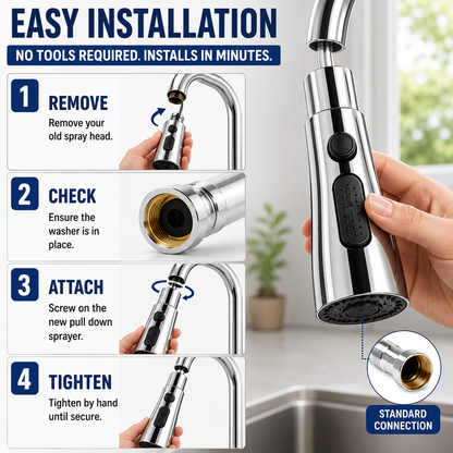 Kitchen Faucet 3-Function Pull Down Sink Sprayer – 360° Rotating Water Saving Faucet Head for Dish, Sink & Fruit Cleaning (1 Pc)
