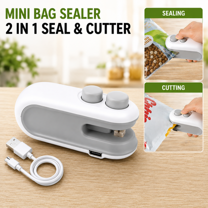Mini Bag Sealer 2-in-1 Heat Sealer & Cutter – USB Rechargeable Portable Food Bag Sealing Machine for Snacks, Chips & Storage Bags