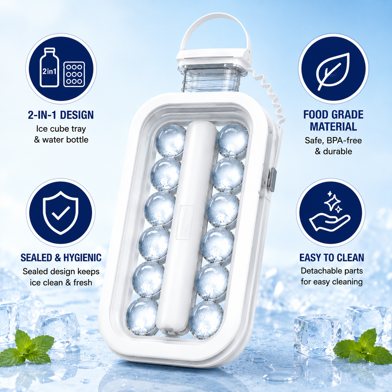 2-in-1 Foldable Ice Ball Maker Bottle with Lid – 14 Ice Cube Mold Tray for Cooling Drinks, Camping & Outdoor Use
