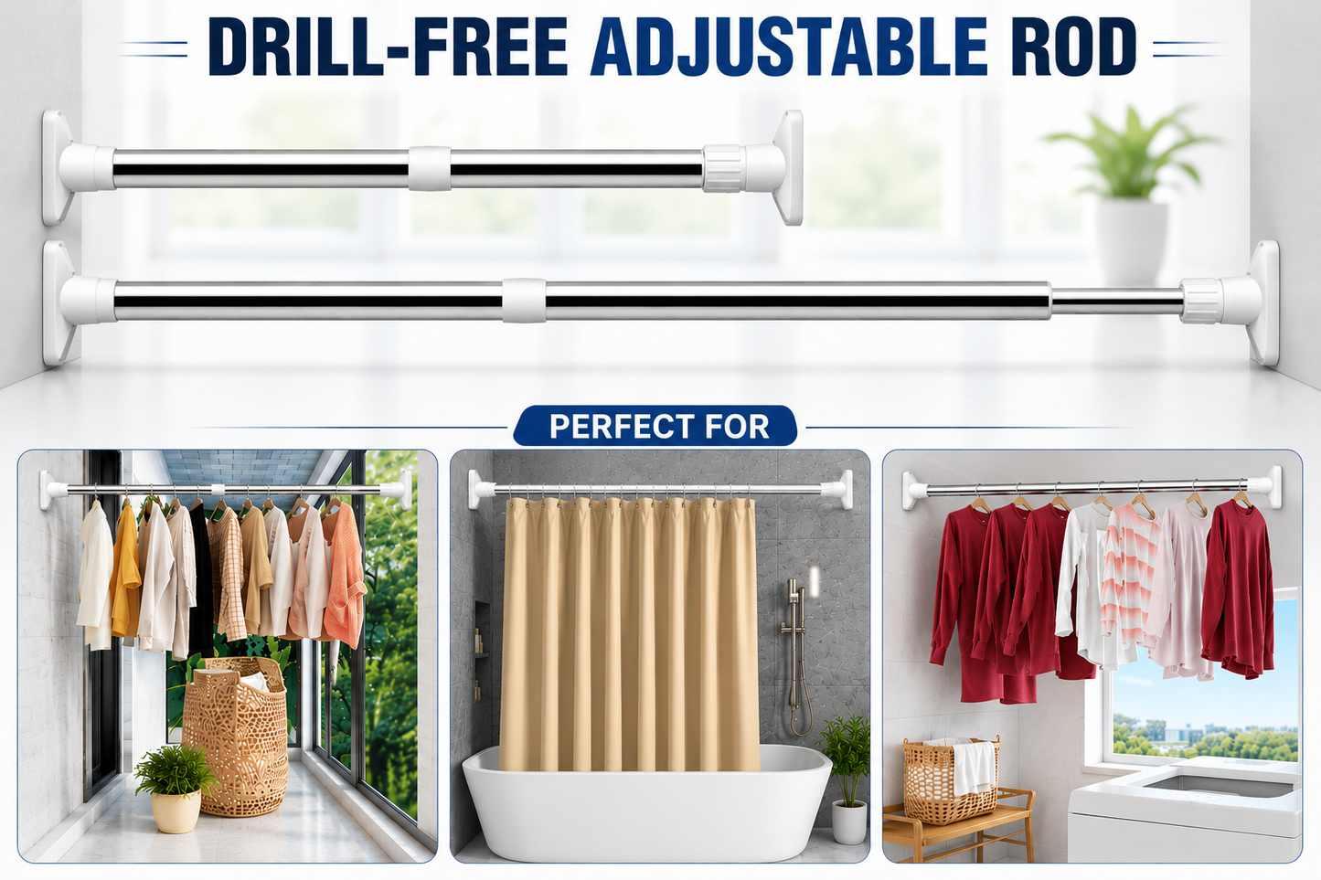 Drill-Free Adjustable Rod – Heavy Duty Multipurpose Extendable Tension Rod for Curtains, Bathroom & Clothes Drying