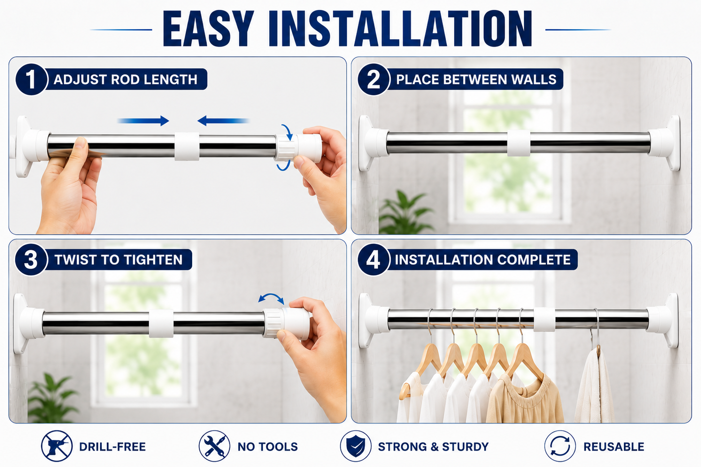 Drill-Free Adjustable Rod – Heavy Duty Multipurpose Extendable Tension Rod for Curtains, Bathroom & Clothes Drying