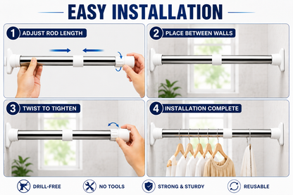 Drill-Free Adjustable Rod – Heavy Duty Multipurpose Extendable Tension Rod for Curtains, Bathroom & Clothes Drying