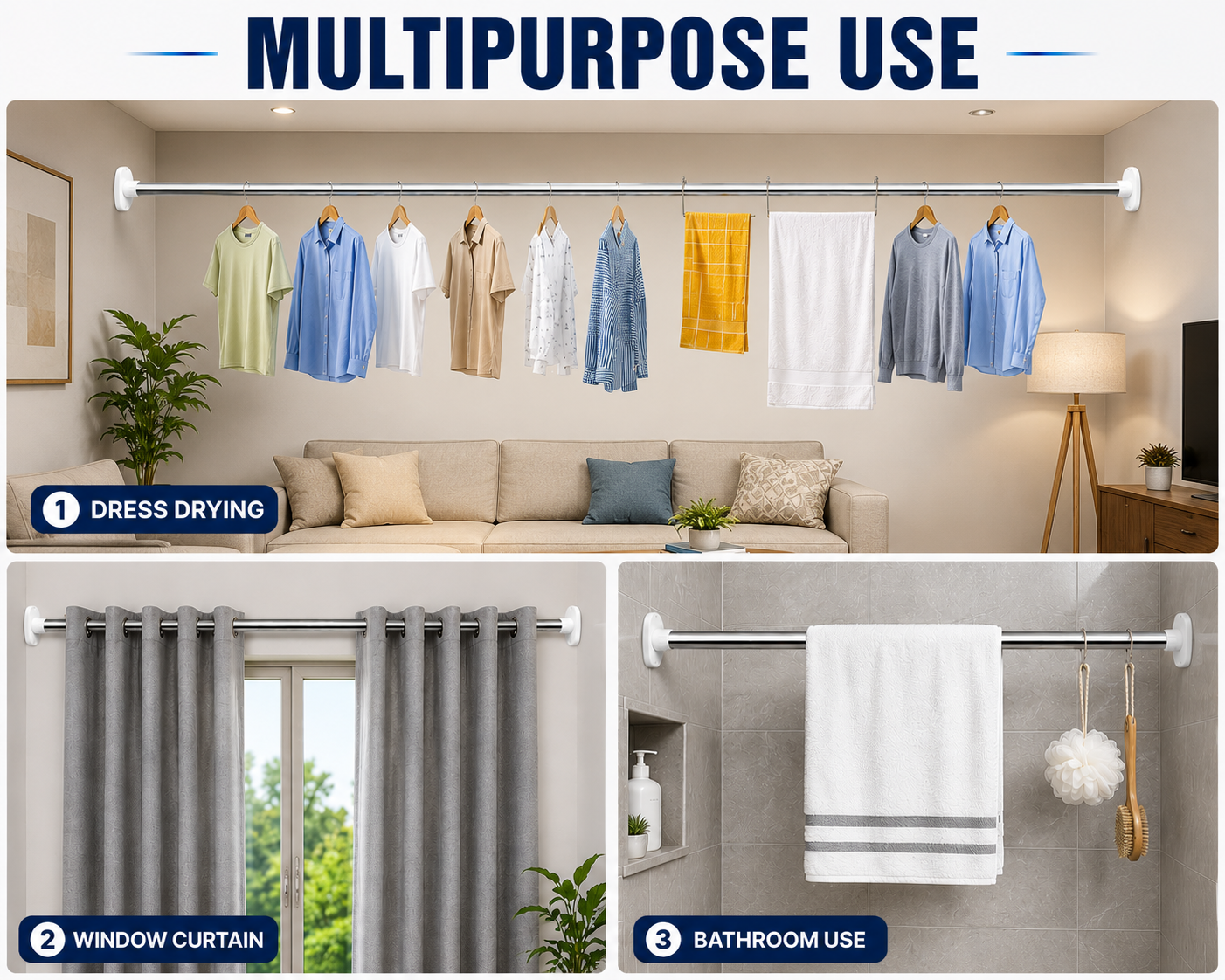 Drill-Free Adjustable Rod – Heavy Duty Multipurpose Extendable Tension Rod for Curtains, Bathroom & Clothes Drying