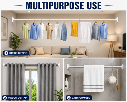 Drill-Free Adjustable Rod – Heavy Duty Multipurpose Extendable Tension Rod for Curtains, Bathroom & Clothes Drying