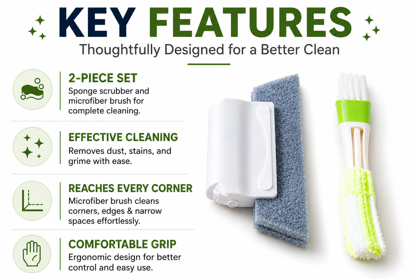 2-in-1 Window Track & Door Gap Cleaning Tool Set with Sponge Scrubber & Detail Brush