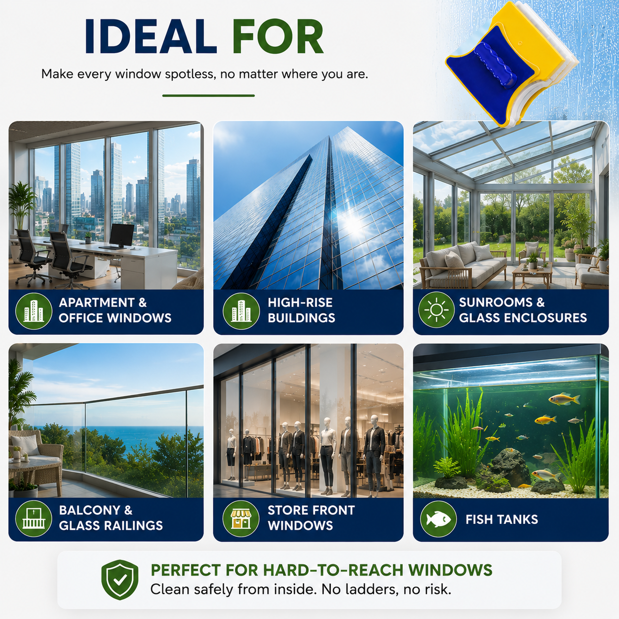 2-in-1 Magnetic Double-Sided Glass Cleaner for Windows, Glass Doors & Fish Tanks