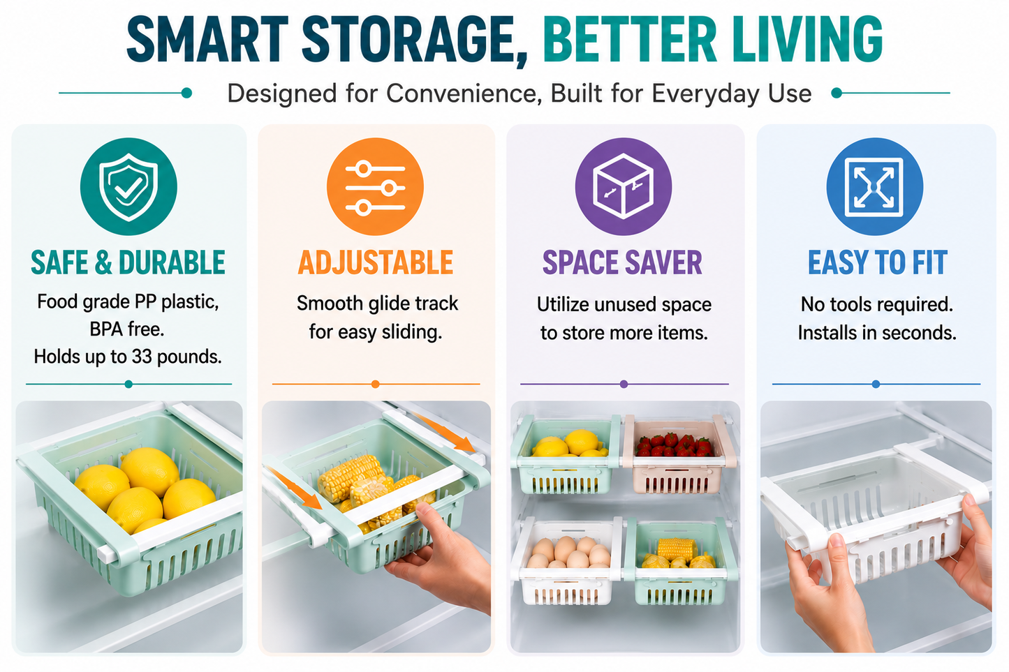 Adjustable Fridge Organizer Drawer – Sliding Storage Basket for Refrigerator & Freezer Space Saver