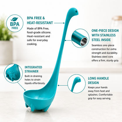 2-in-1 Nessie Soup Spoon & Strainer – Creative Long Handle Silicone Ladle