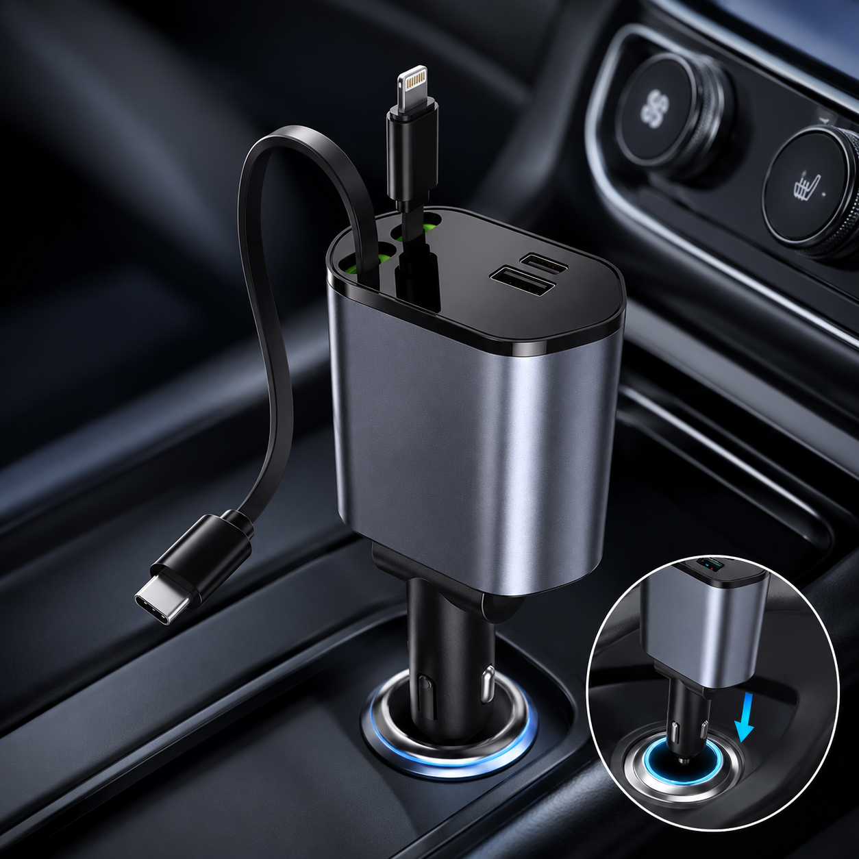4-in-1 Super Fast Car Charger with 2 Retractable Cables, Dual USB Ports, LED Voltage Display & 120W Fast Charging