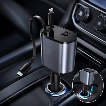 4-in-1 Super Fast Car Charger with 2 Retractable Cables, Dual USB Ports, LED Voltage Display & 120W Fast Charging