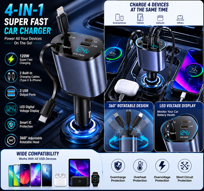 4-in-1 Super Fast Car Charger with 2 Retractable Cables, Dual USB Ports, LED Voltage Display & 120W Fast Charging