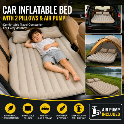 Portable Inflatable Car Bed Mattress with 2 Pillows & Air Pump | Back Seat Travel Air Mattress for SUV & Sedan