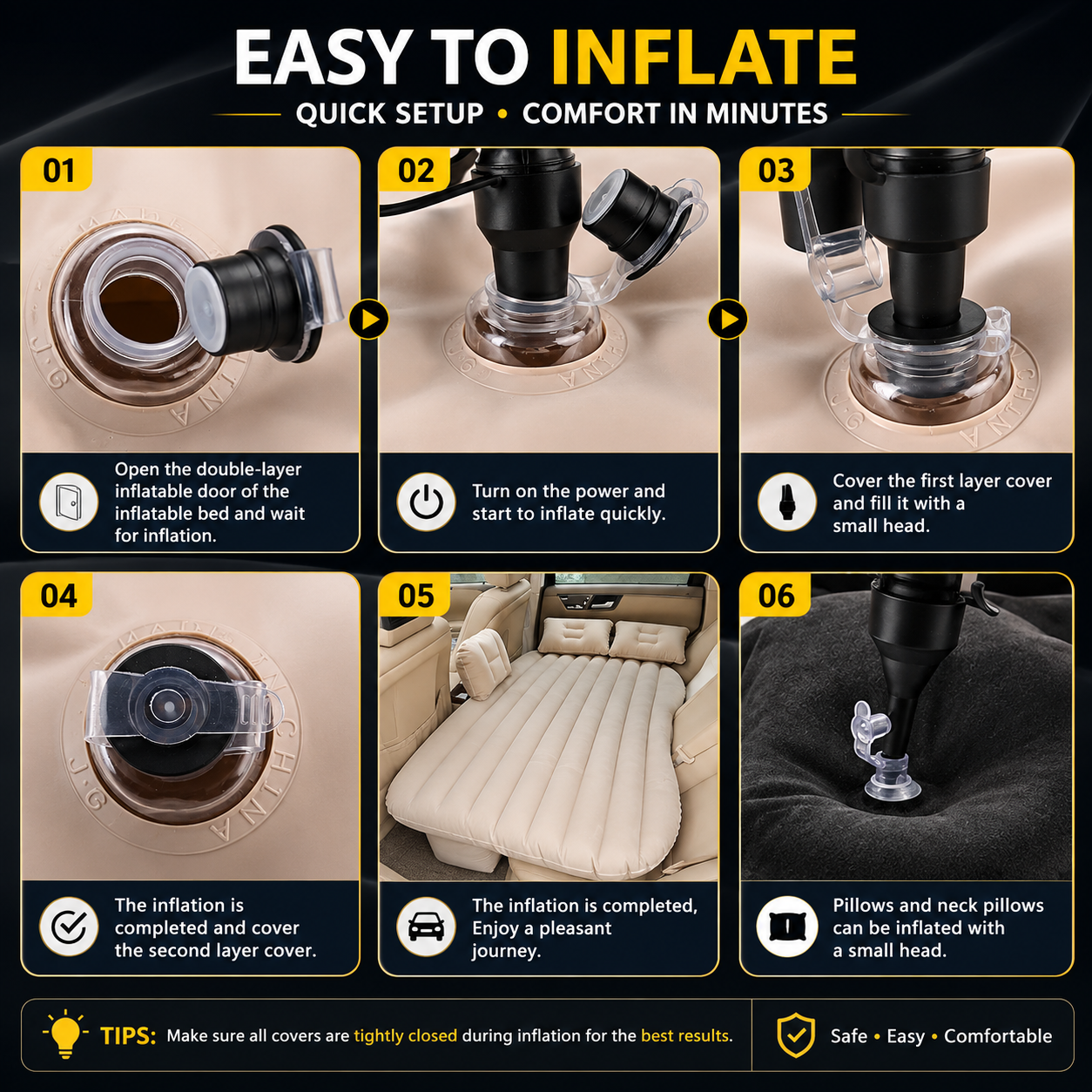 Portable Inflatable Car Bed Mattress with 2 Pillows & Air Pump | Back Seat Travel Air Mattress for SUV & Sedan