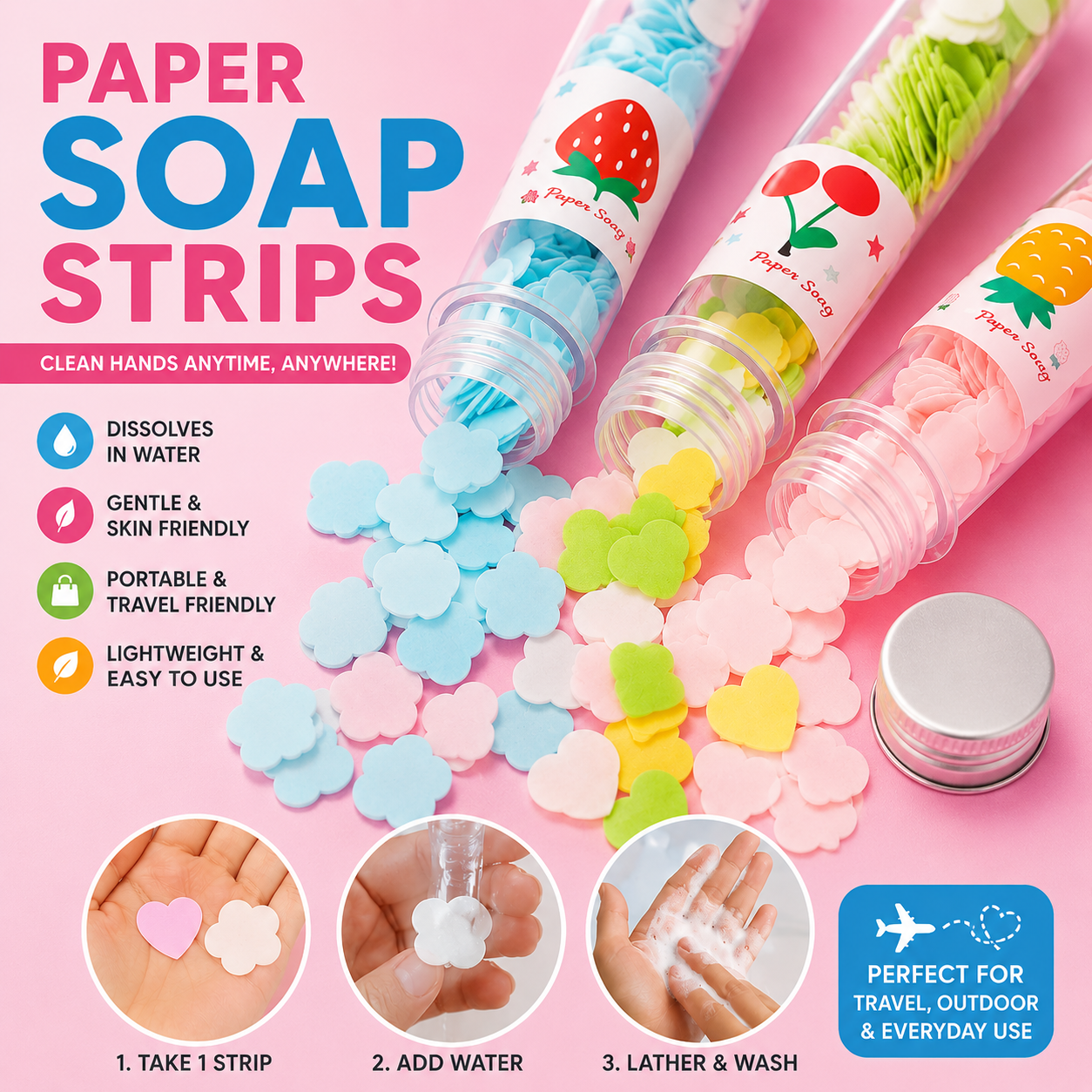 Portable Paper Soap Strips for Travel, Hiking & Daily Use | Dissolvable Hand Wash Sheets in Tube