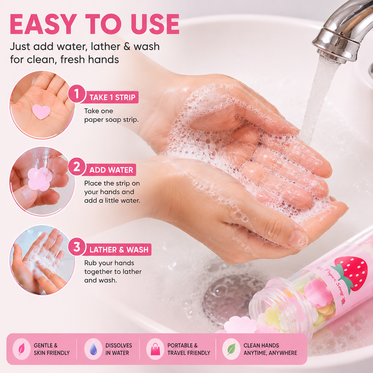 Portable Paper Soap Strips for Travel, Hiking & Daily Use | Dissolvable Hand Wash Sheets in Tube