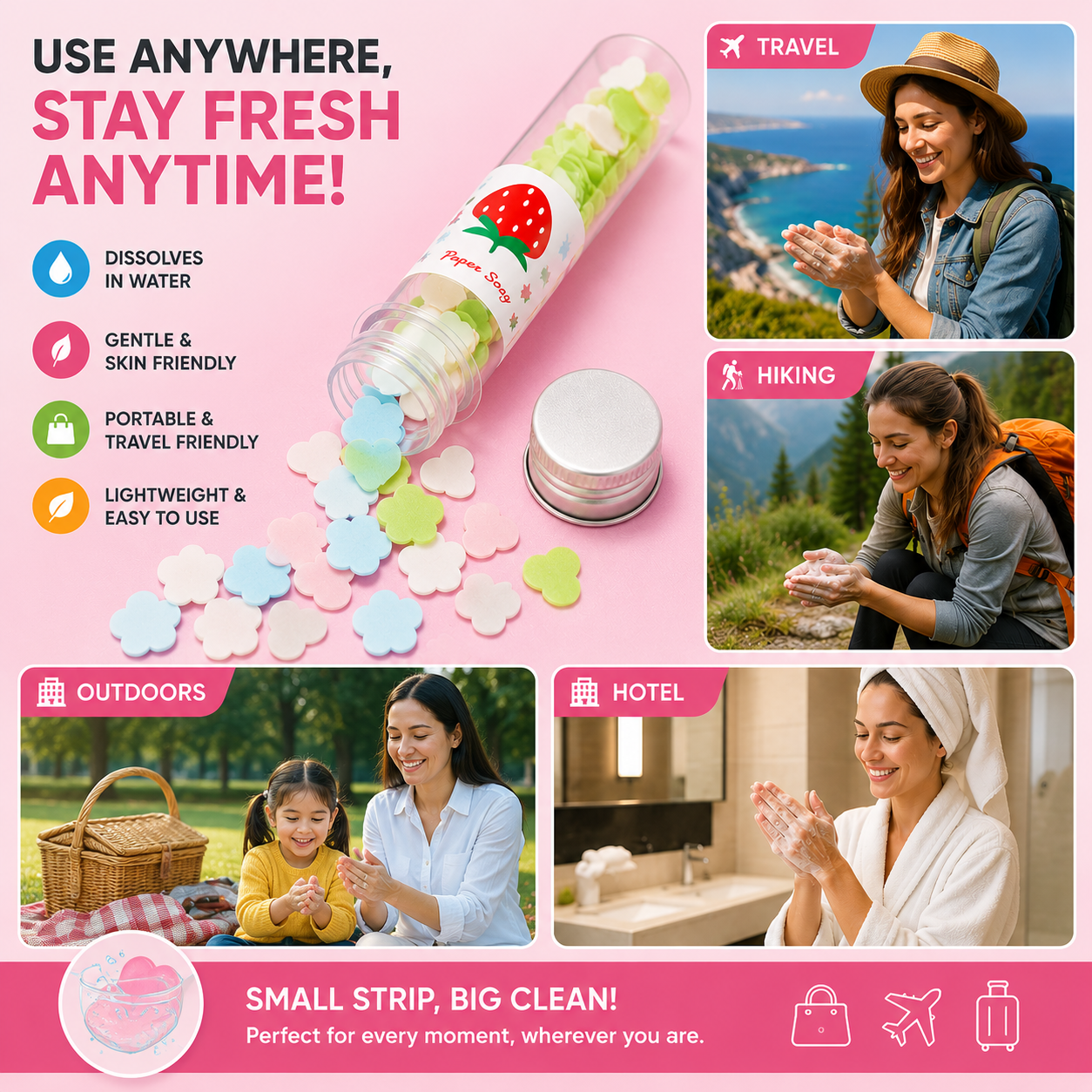 Portable Paper Soap Strips for Travel, Hiking & Daily Use | Dissolvable Hand Wash Sheets in Tube
