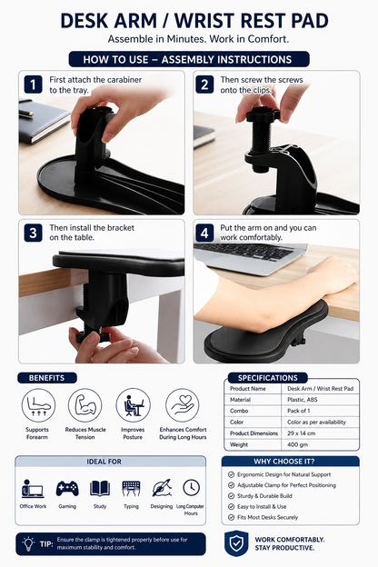 Desk Arm Support + Wrist Rest Combo for Office & Computer Work
