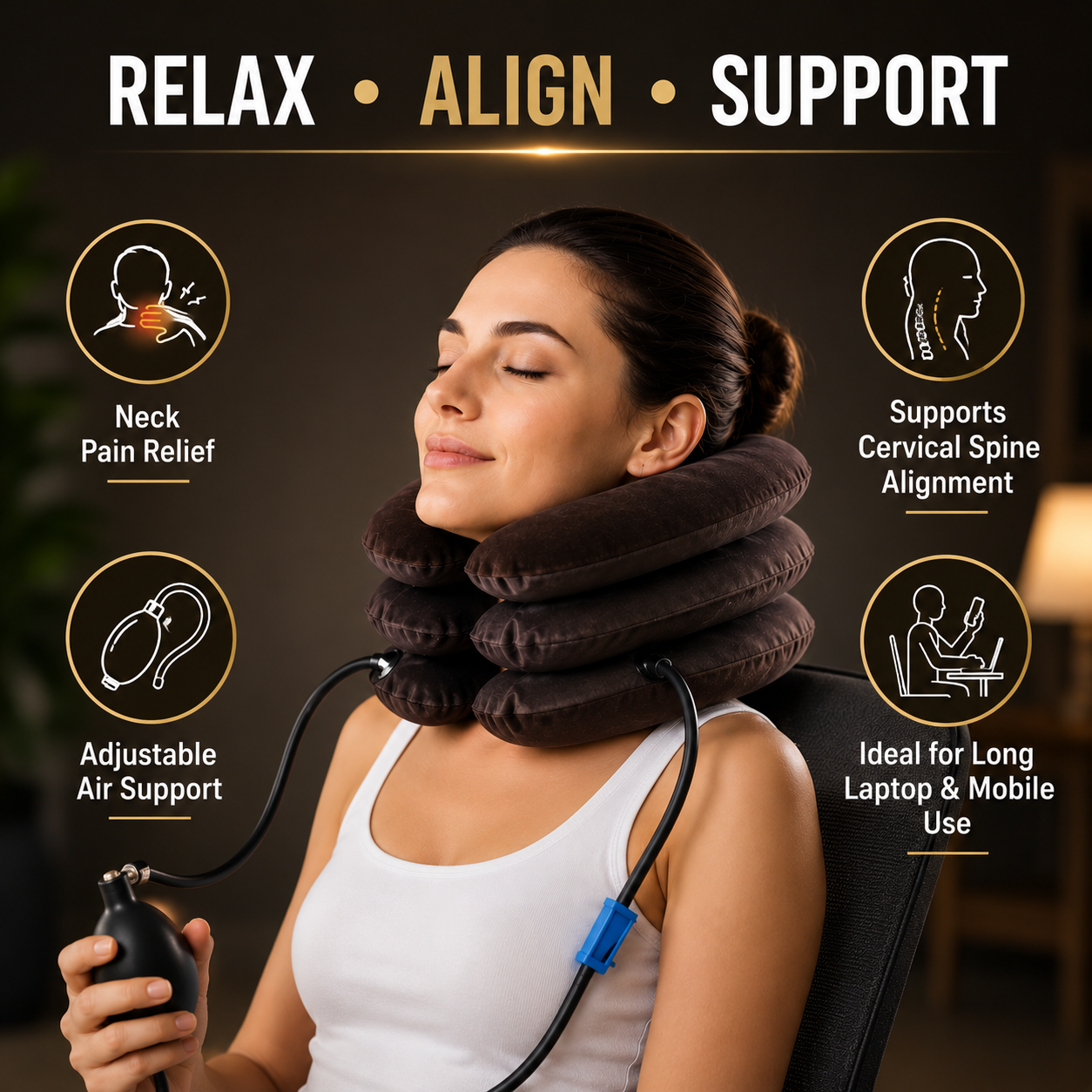 3-Layer Inflatable Cervical Neck Traction Collar with Air Pump – Adjustable Neck Support & Posture Alignment Device
