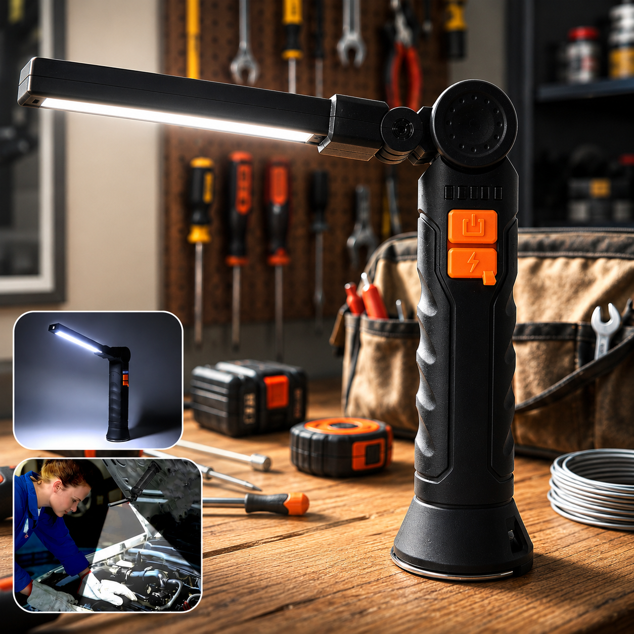 Compact Rechargeable LED Work Light with Magnetic Base, Adjustable Arm & Hanging Hook – Portable Inspection Lamp for Workshop, Home Repair & Emergency Use