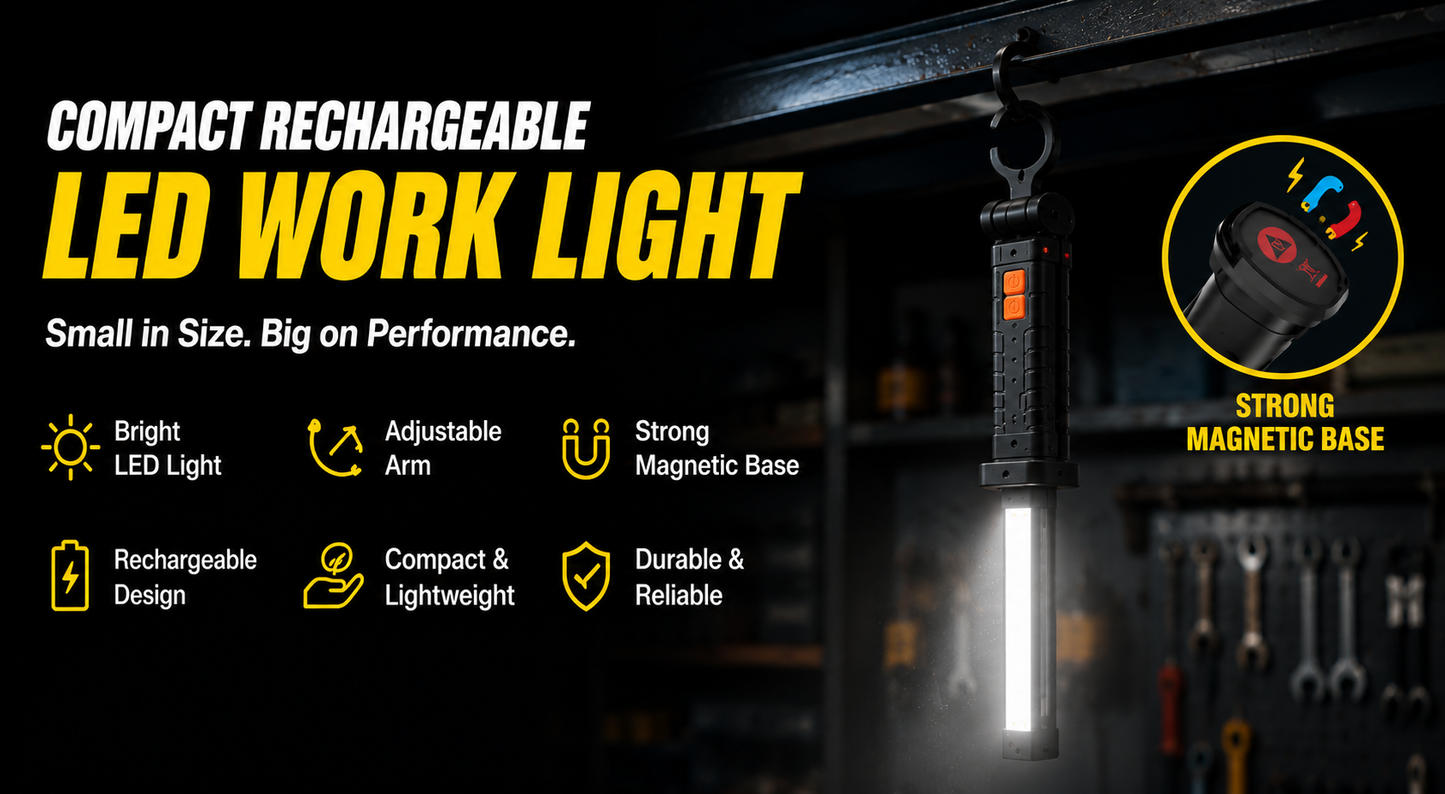 Compact Rechargeable LED Work Light with Magnetic Base, Adjustable Arm & Hanging Hook – Portable Inspection Lamp for Workshop, Home Repair & Emergency Use