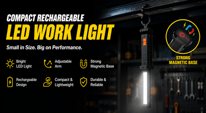 Compact Rechargeable LED Work Light with Magnetic Base, Adjustable Arm & Hanging Hook – Portable Inspection Lamp for Workshop, Home Repair & Emergency Use