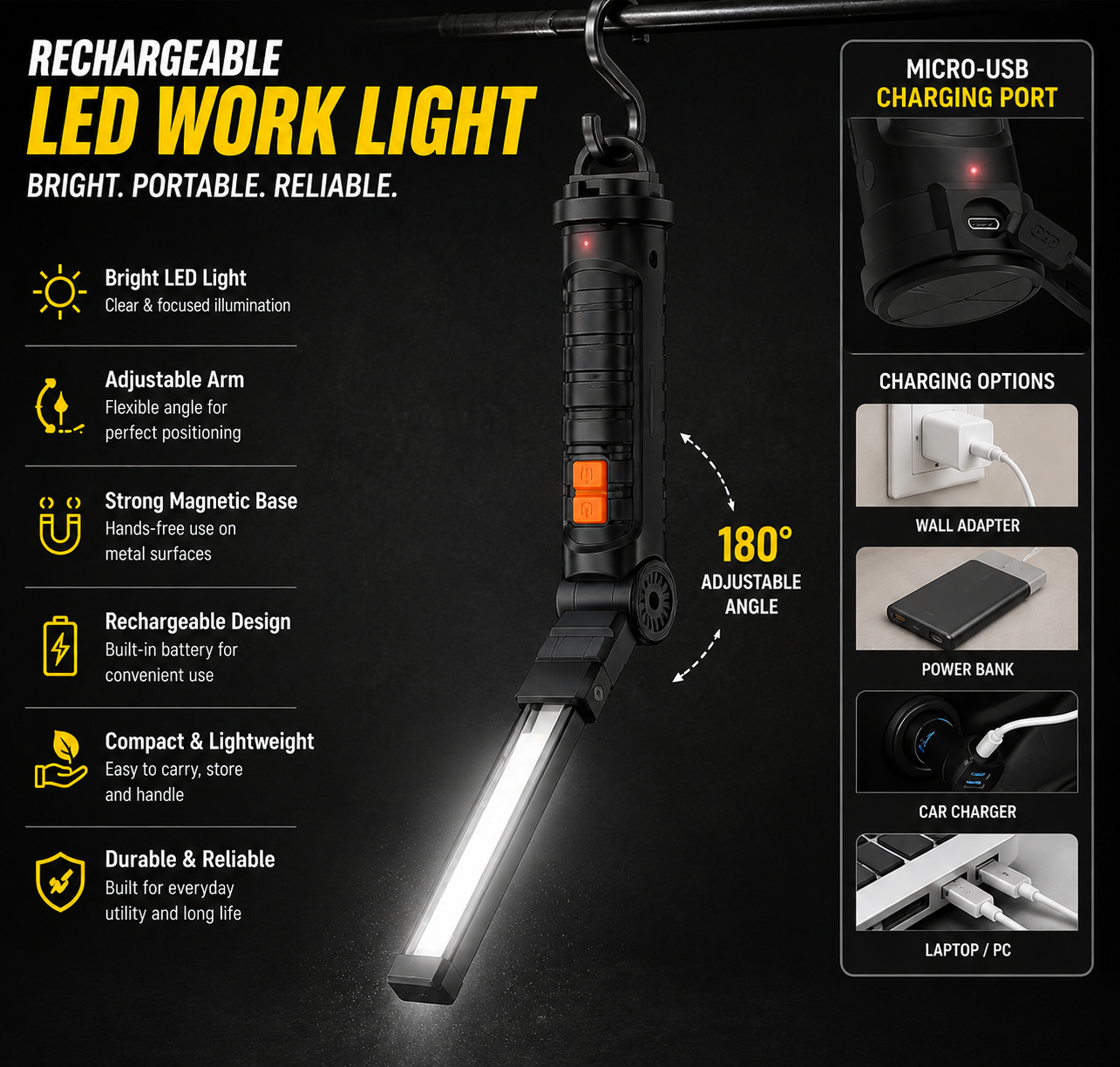 Compact Rechargeable LED Work Light with Magnetic Base, Adjustable Arm & Hanging Hook – Portable Inspection Lamp for Workshop, Home Repair & Emergency Use