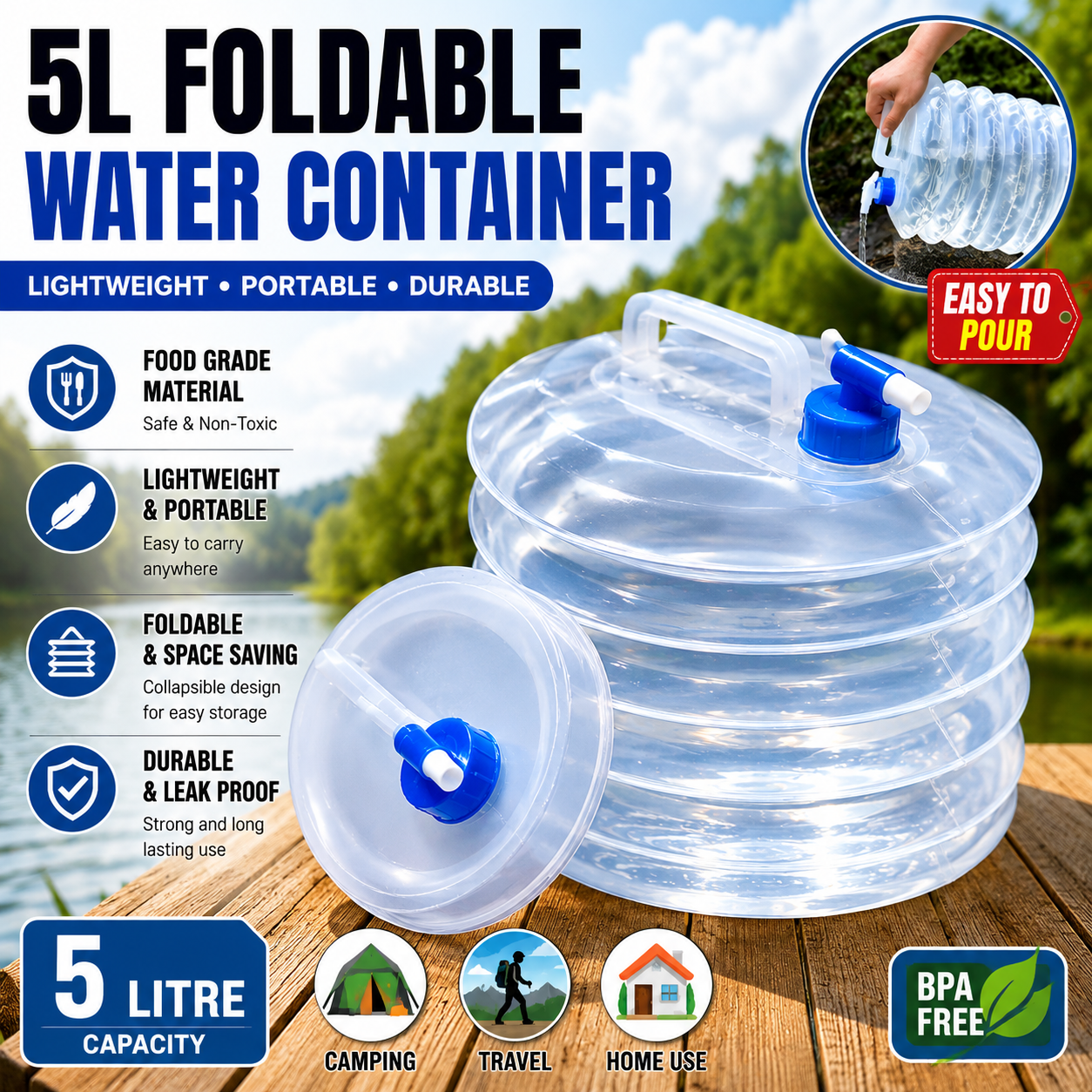 5L Foldable Water Container with Tap – Portable Collapsible Water Storage Can for Camping, Travel & Emergency Use
