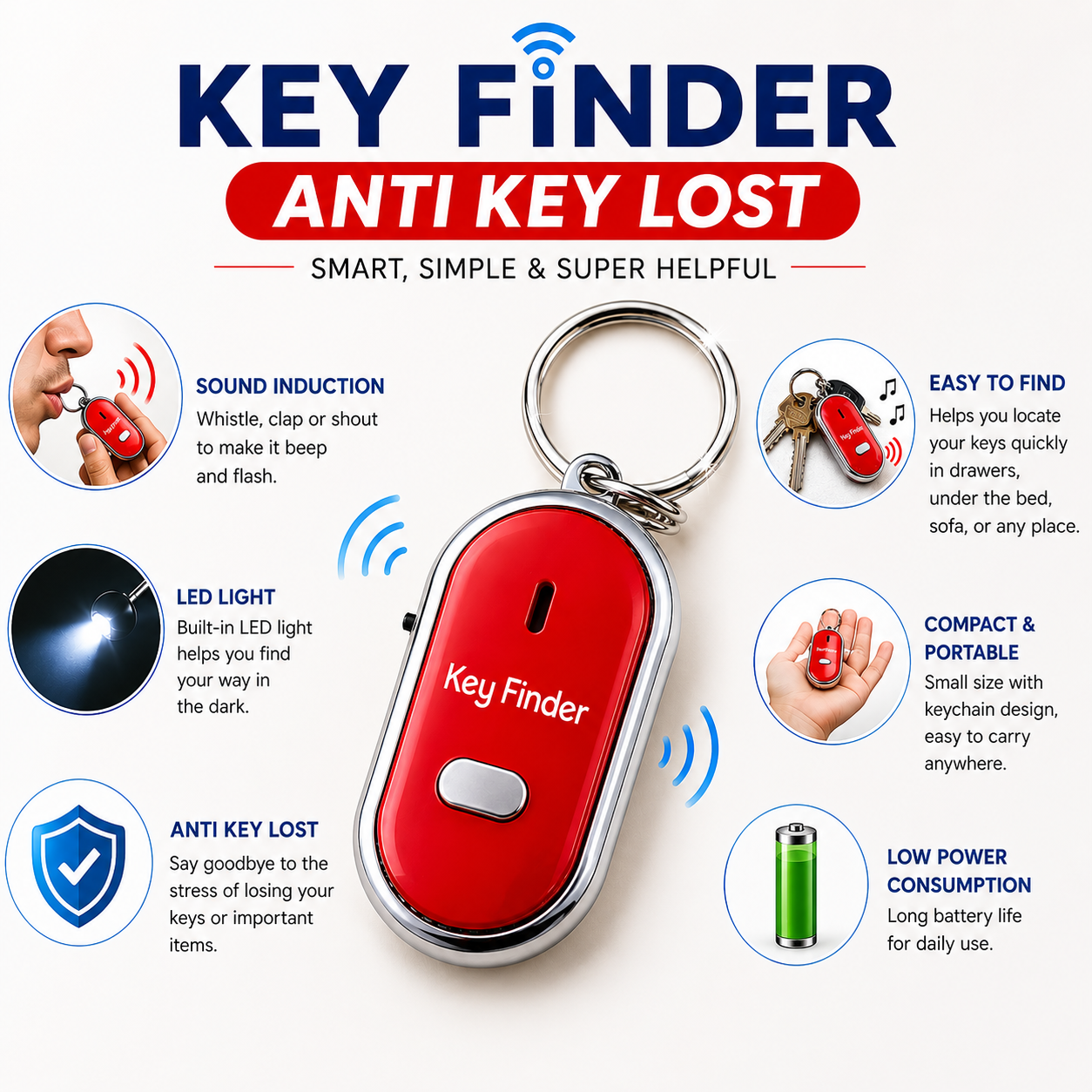 Key Finder Anti-Lost Whistle Keychain with LED Light – Sound Activated Key Locator for Keys, Bags & Wallets (1 Pc)