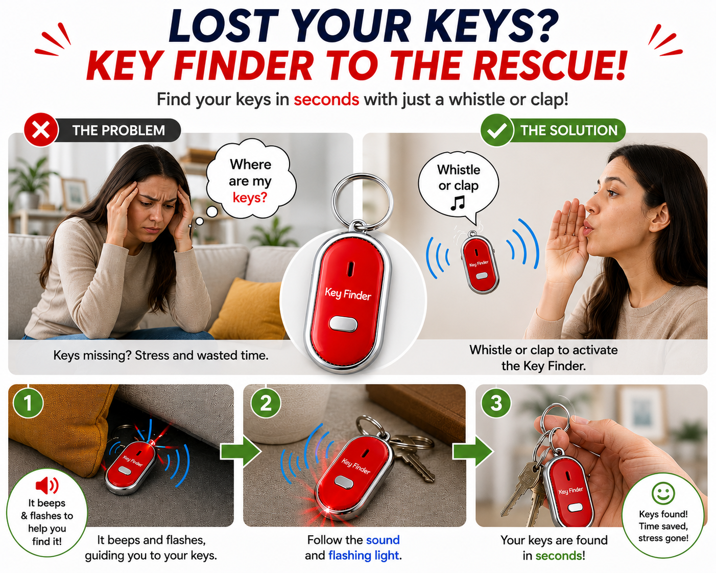 Key Finder Anti-Lost Whistle Keychain with LED Light – Sound Activated Key Locator for Keys, Bags & Wallets (1 Pc)